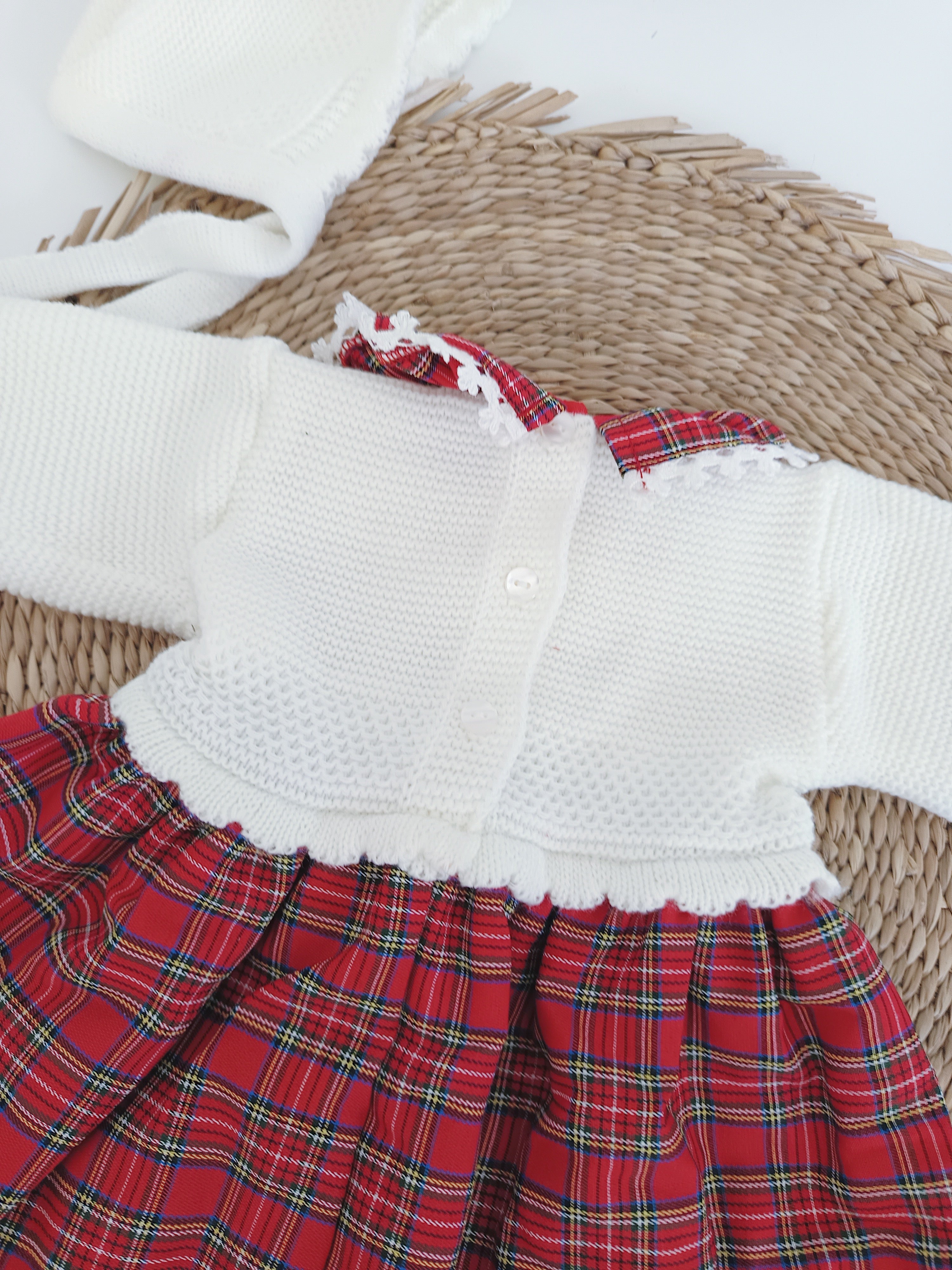 Vestido de Tecido e Malha Xadrez Vermelho Dois Laços