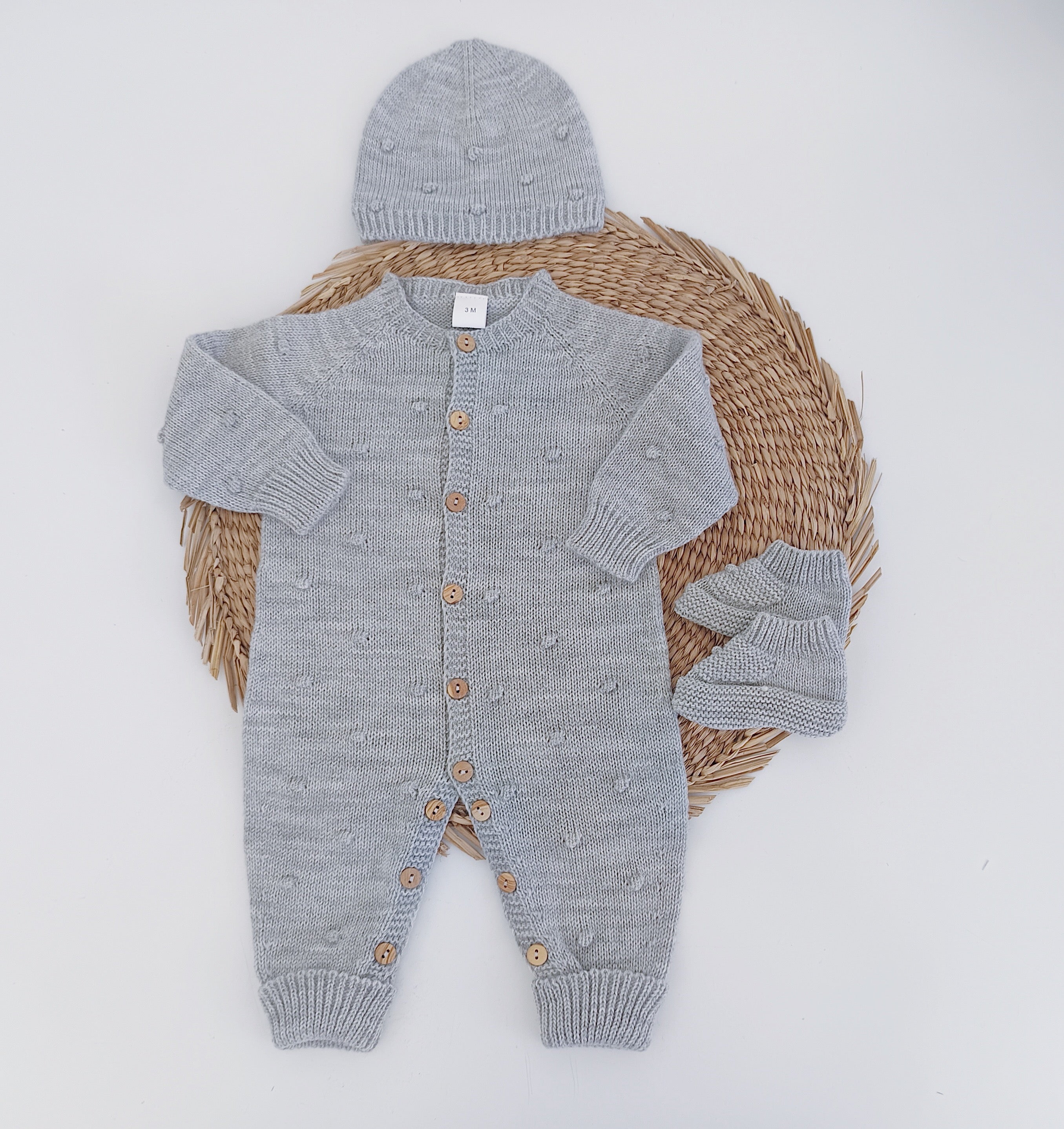 Babygrow de malha pompons com gorro e carapins Cinza