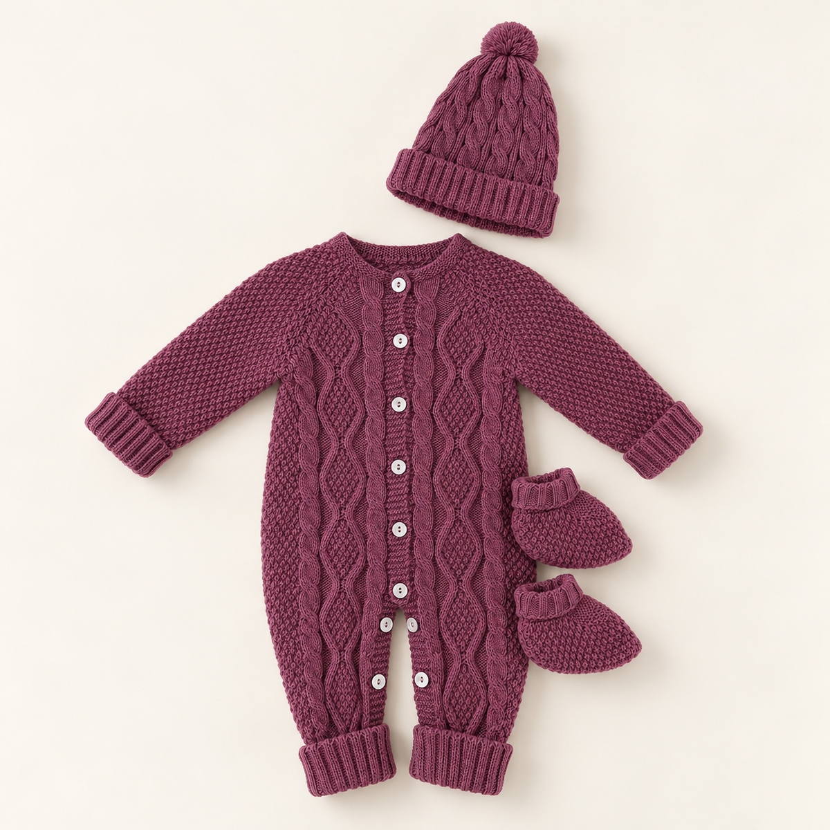 Babygrow de malha beringela com tranças, gorro com pompom e carapins a combinar para bebé