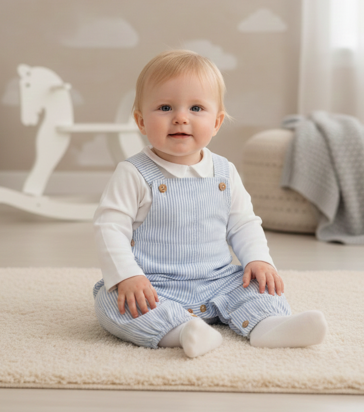 Jardineiras Riscas com Camisa Azul