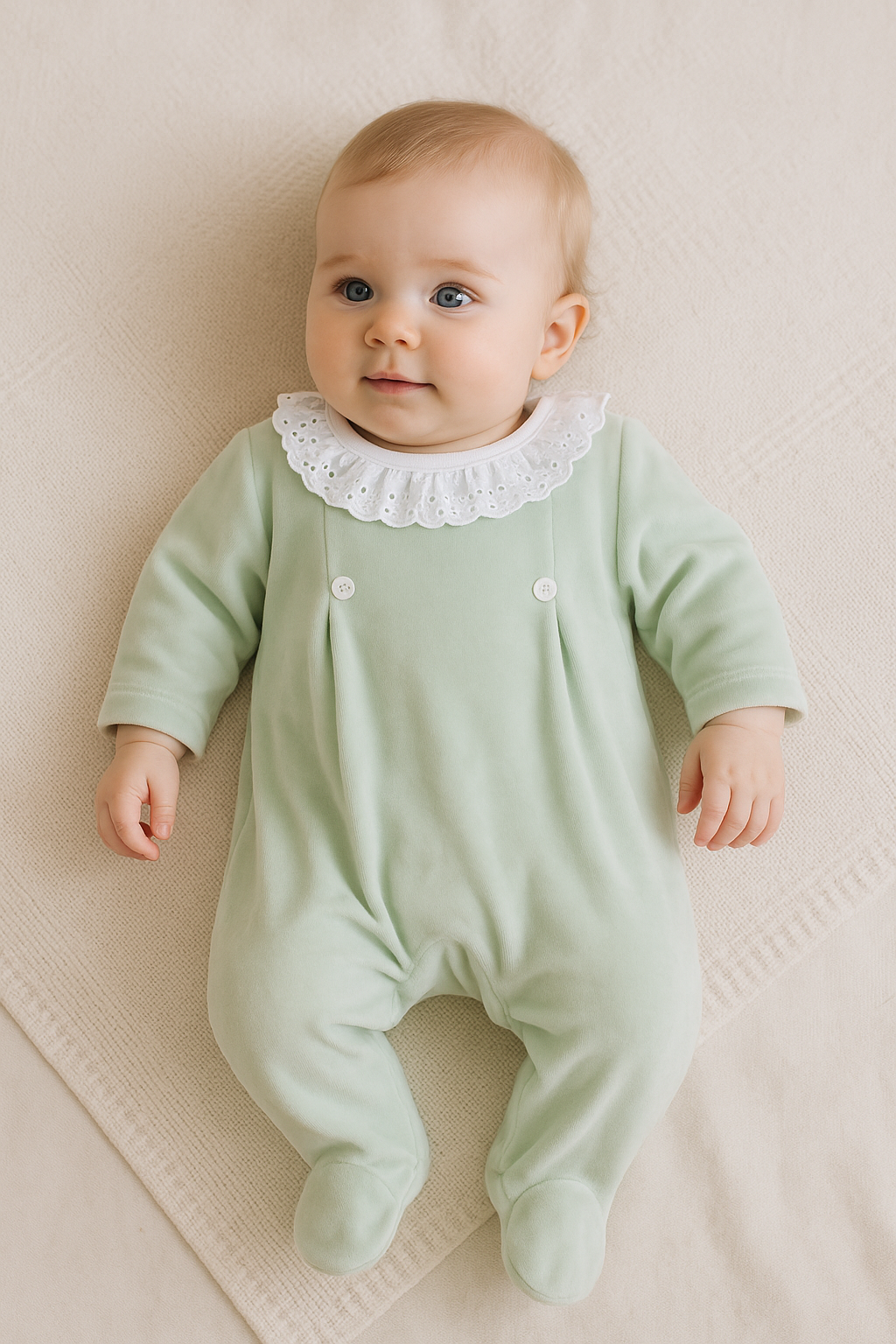 Babygrow Veludo Com Botões e Gola De Folho Verde