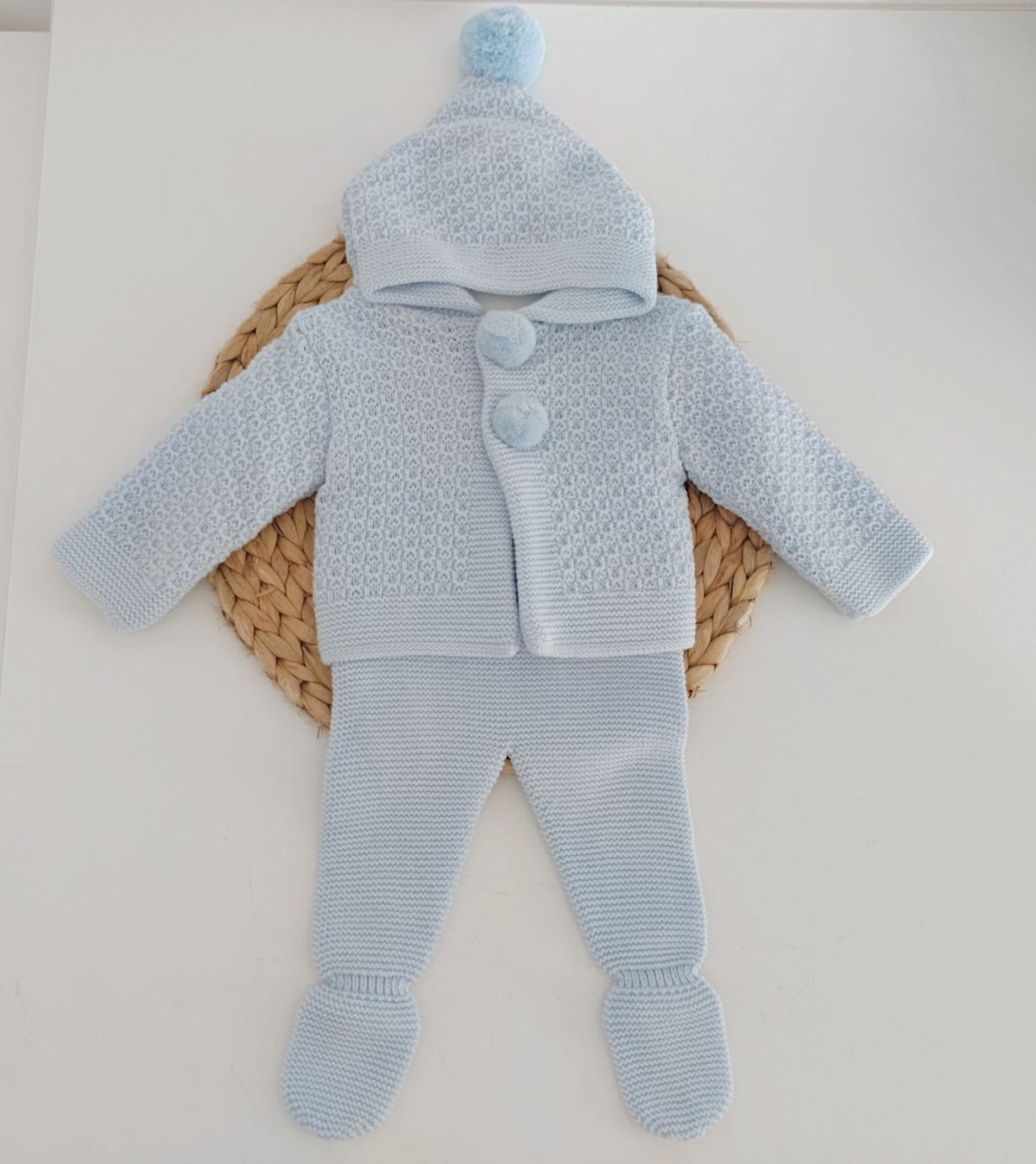 Conjunto de Malha Casaco pompons com Calças Azul