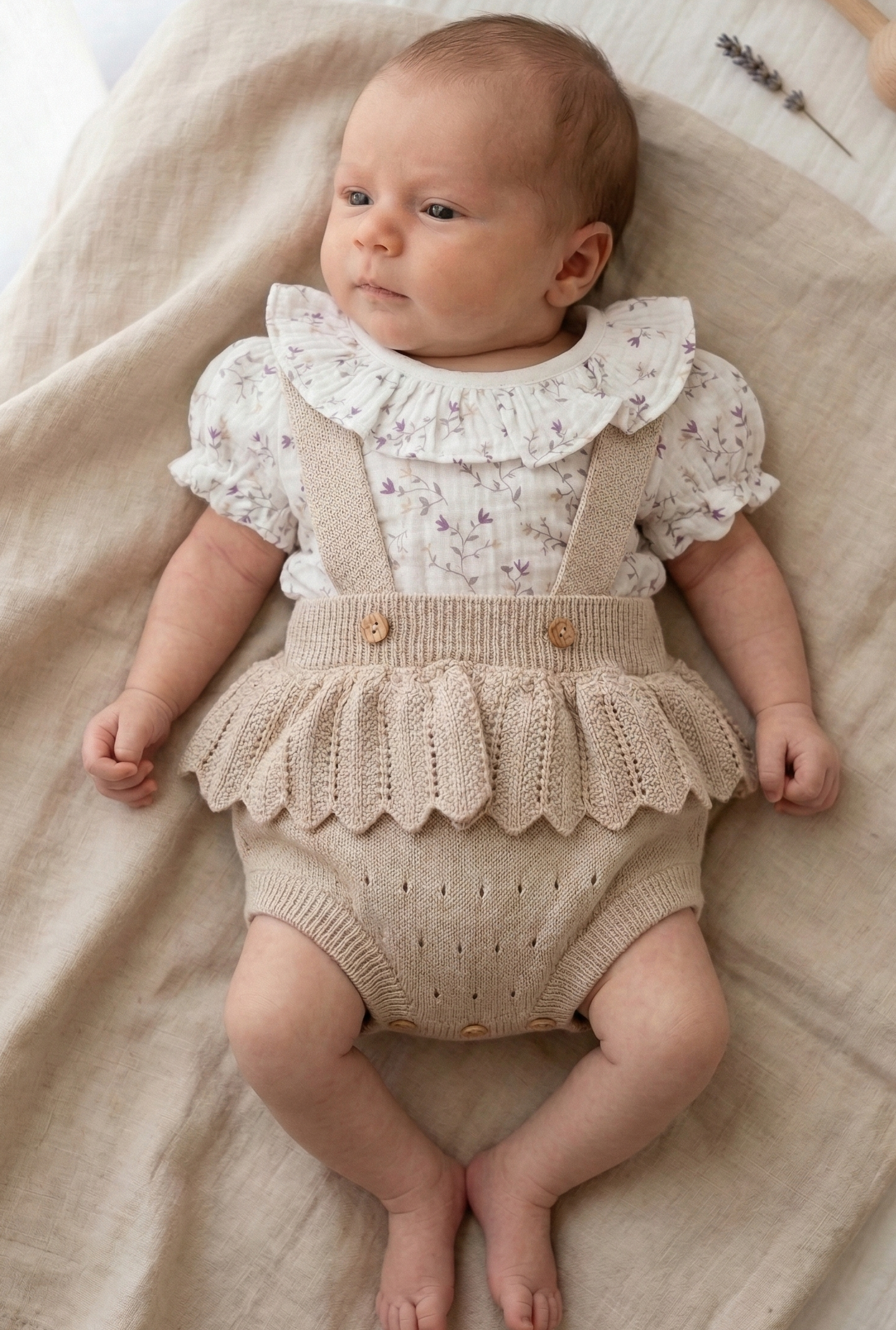 Fofo de Malha com Blusa Flores Manga Curta Areia