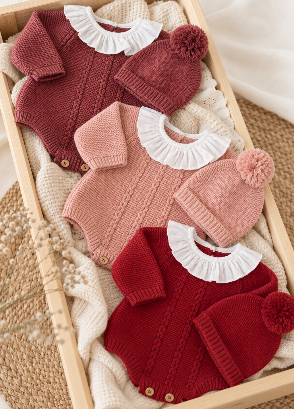 Fofo de malha para bebé com gola branca e gorro com pompom
