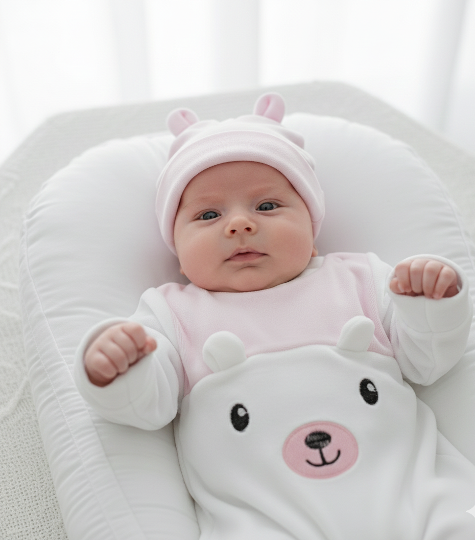 Babygrow Veludo Urso com Gorro Orelhas Rosa