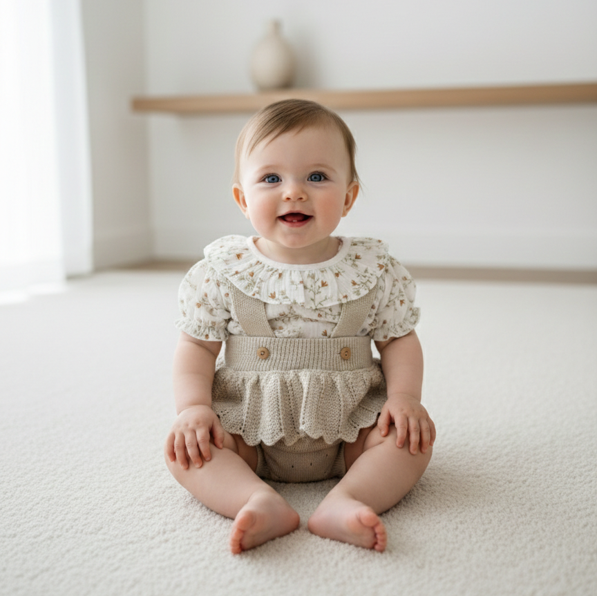 Fofo de Malha com Blusa Flores Manga Curta Areia