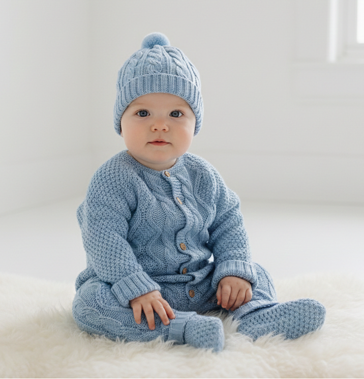 Babygrow de malha com gorro e carapins Jeans