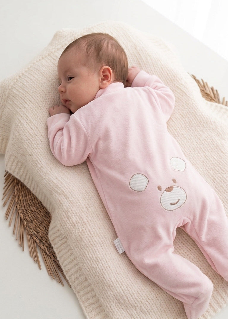 Babygrow Veludo Ursinho Orelhas Rosa