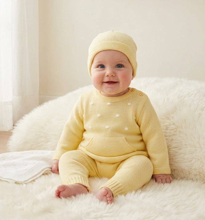 Conjunto de Malha Algodão Calças, Camisola com Bolsos e Gorro Amarelo