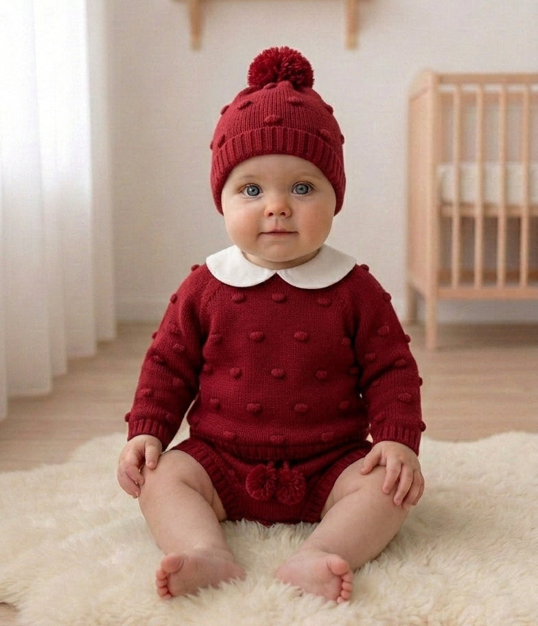 Conjunto Tapa Fraldas Camisola e Gorro Pompons Vermelho