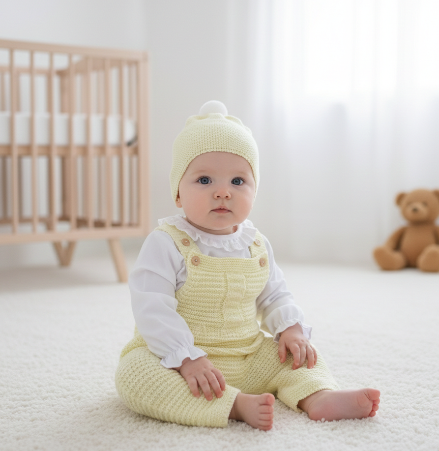 Jardineiras de Malha Trabalhada c/ blusa gola folho e gorro algodão Amarelo