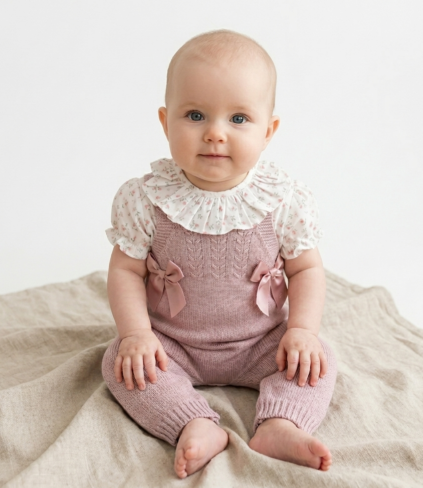 Jardineiras de Malha com blusa manga curta Laços Rosa Velho