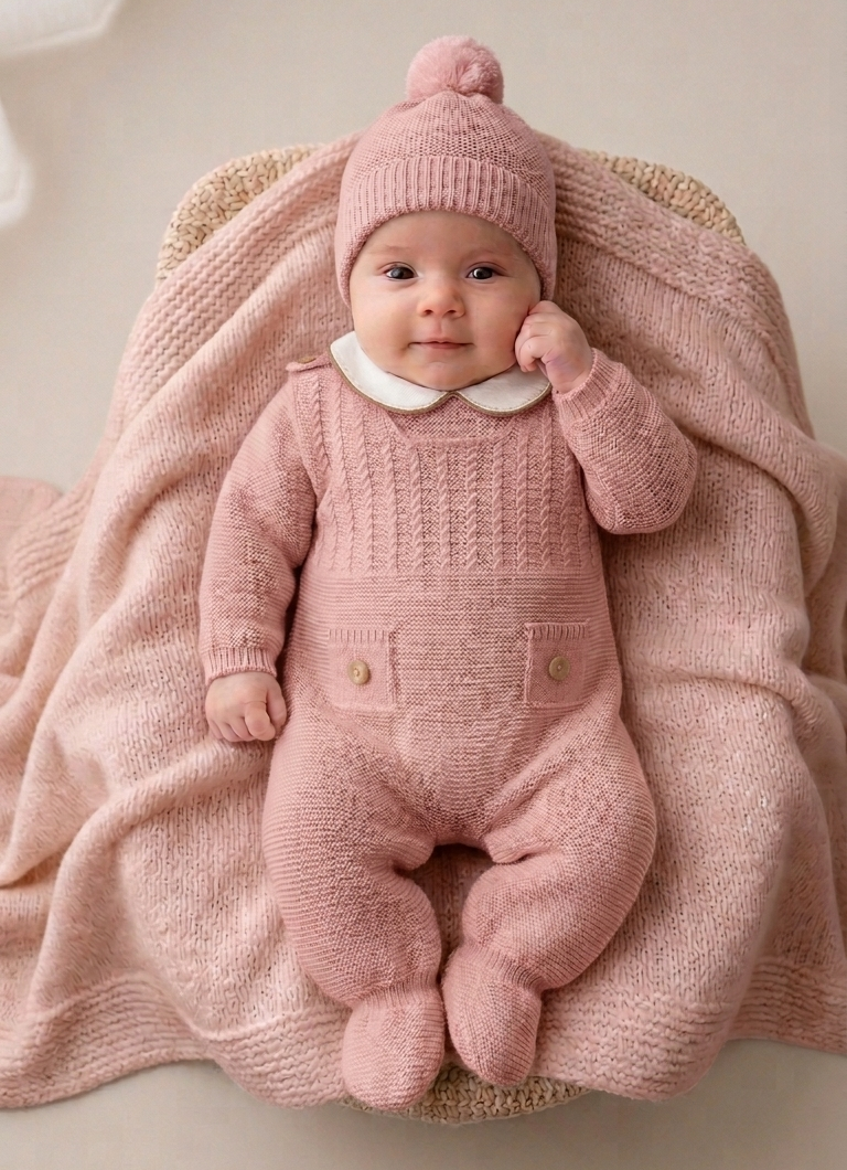 Jardineira de Malha com Camisola e Gorro Botões Rosa Velho