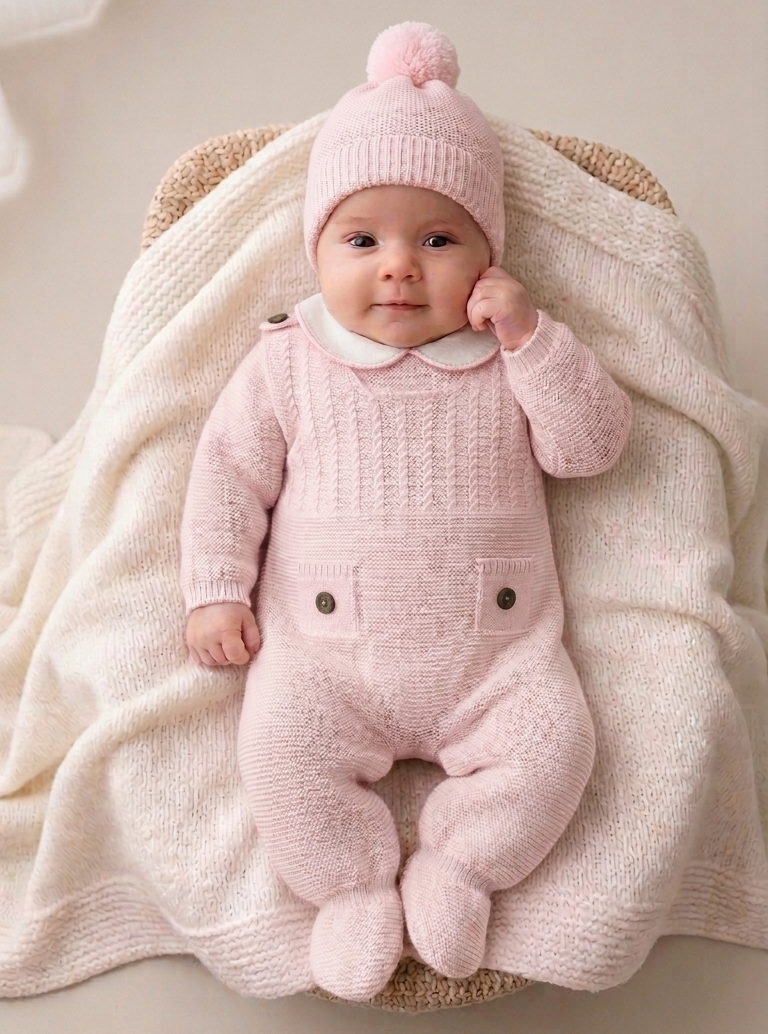 Jardineira de Malha com Camisola e Gorro Botões Rosa