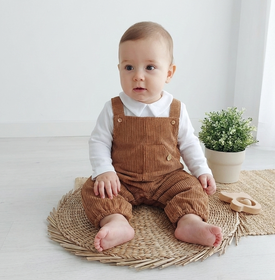 Jardineiras de Bombazine Bolso com Camisa Camel Escuro