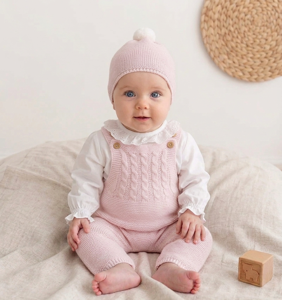 Jardineiras de Malha Trancinhas c/ Blusa Gola Folho e Gorro Rosa