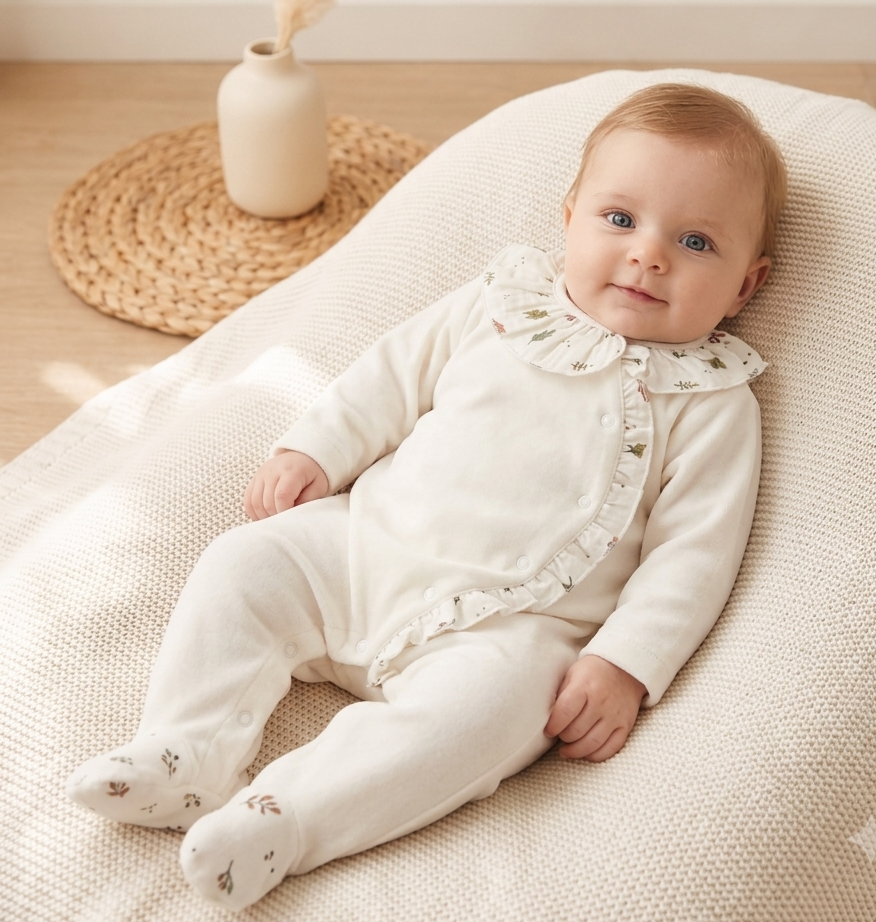 Babygrow Veludo Folho e Gola Musselina Folhinhas Pérola