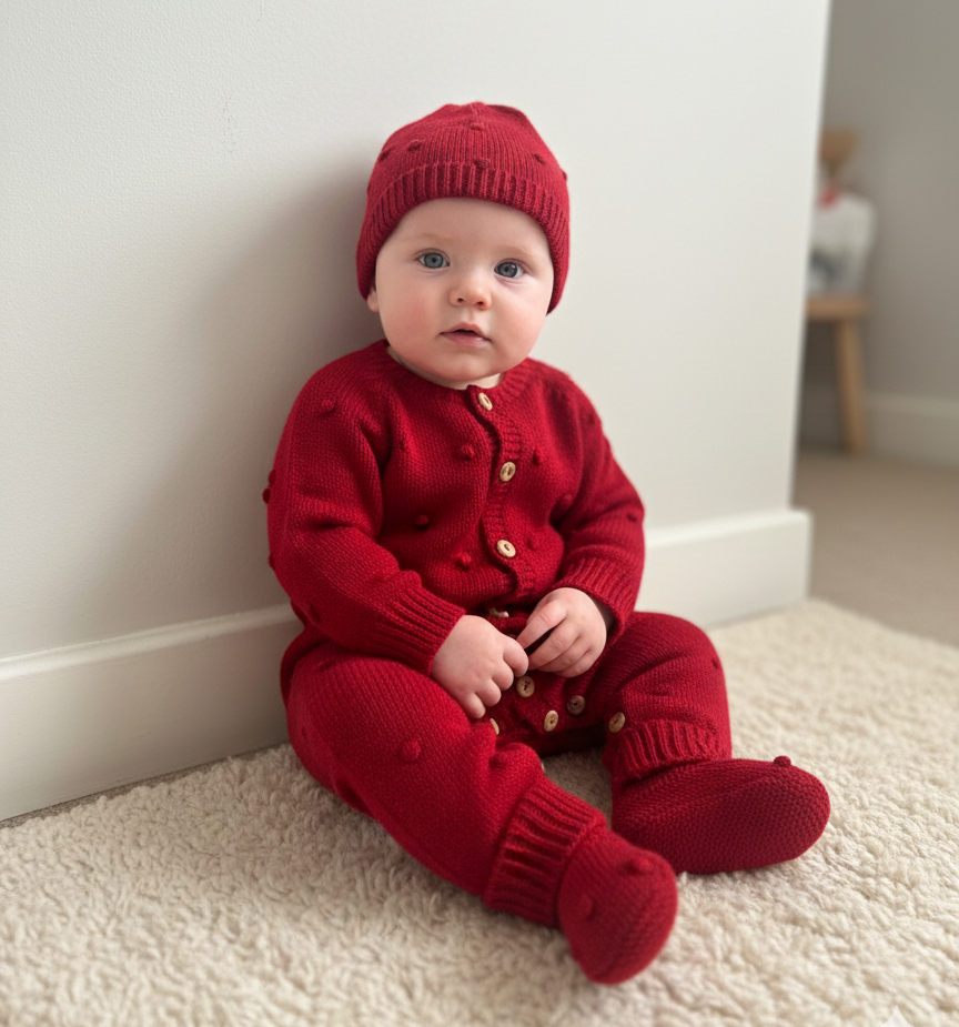 Babygrow de malha pompons com gorro e carapins Vermelho