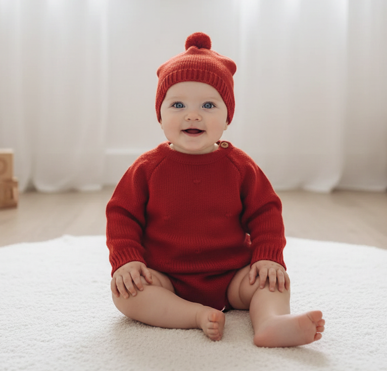 Fofo de Malha Pompons com Gorro Vermelho