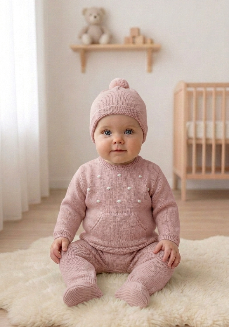 Conjunto de Malha Pintas Calças, Camisola com Bolsos e Gorro Rosa Velho
