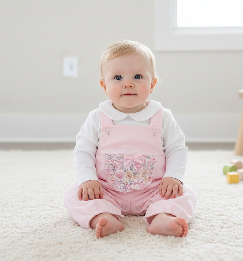 Jardineira Básica Bolso Flores com Camisa Rosa