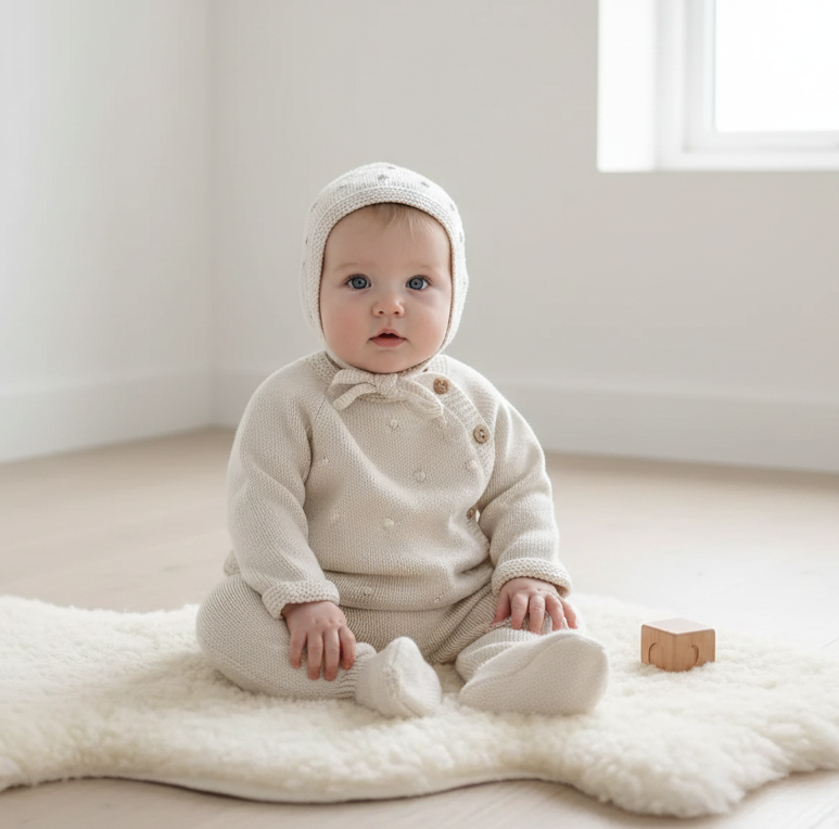 Conjunto de Malha Pompons em Relevo Botões com Touca Areia