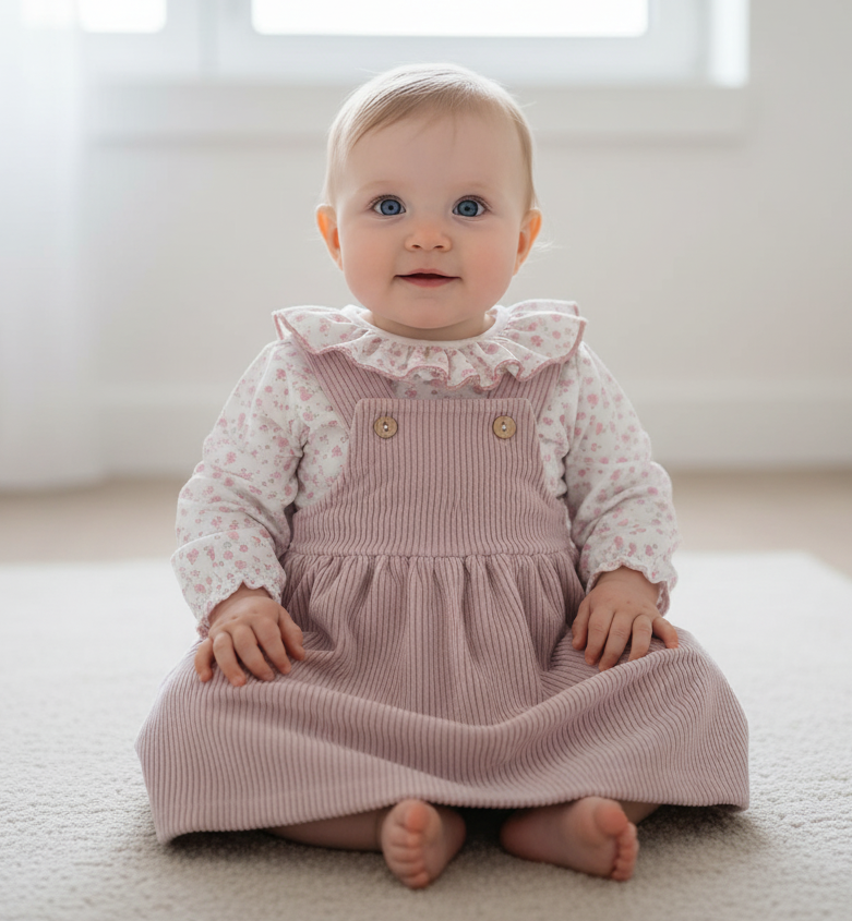 Vestido Saia de Peito de Bombazine Fina com blusa flores Rosa Velho