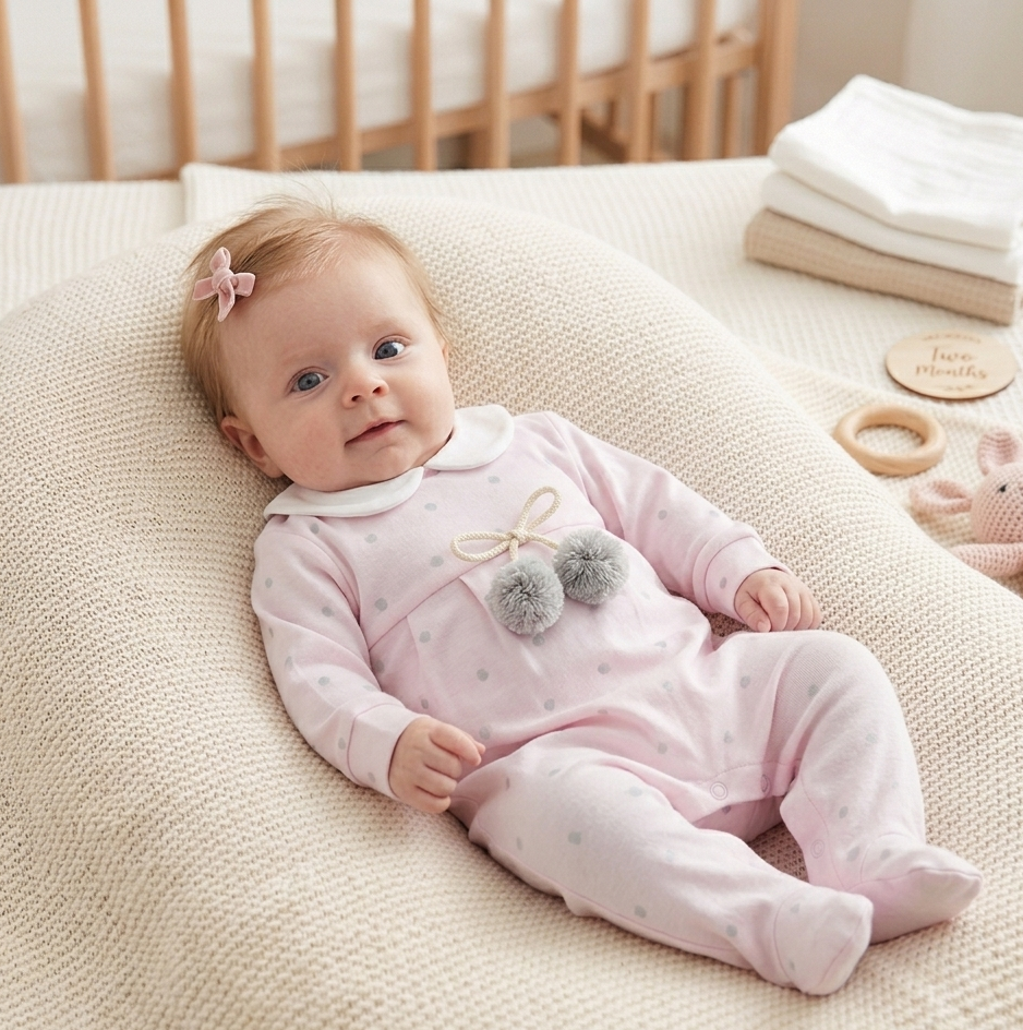 Babygrow Algodão Bolinhas com Pompons Rosa