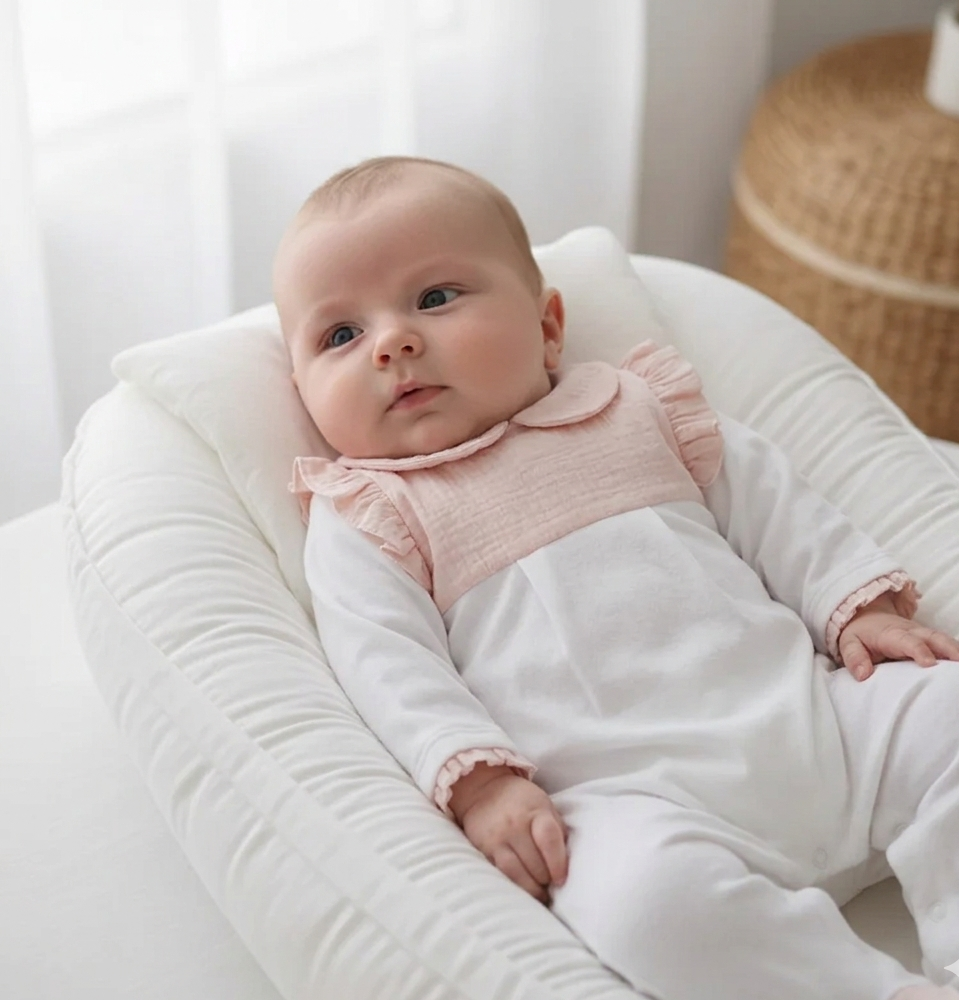 Babygrow com Peitilho e gola em Musselina Salmão