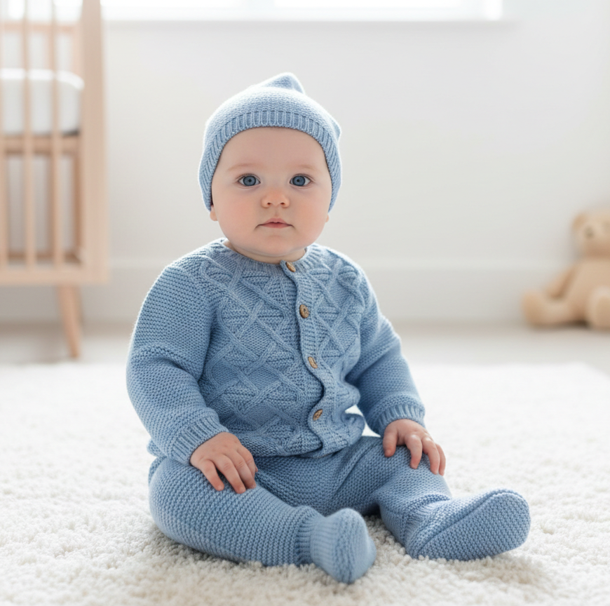 Conjunto de Malha Casaco Losangos com Gorro Jeans