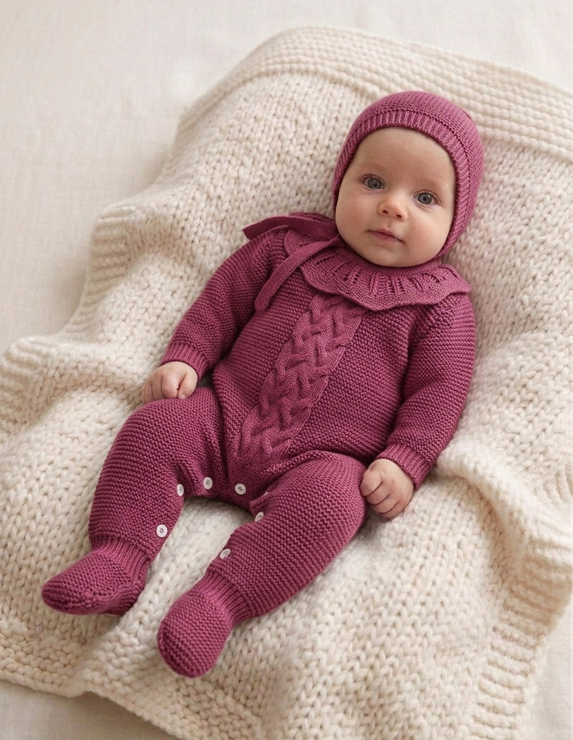Babygrow de Malha Trança Gola com touca Beringela