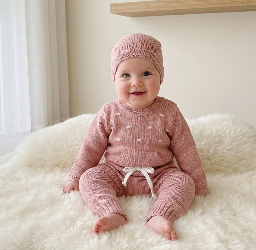 Conjunto de Malha Algodão Calças, Camisola com Bolsos e Gorro Rosa Velho