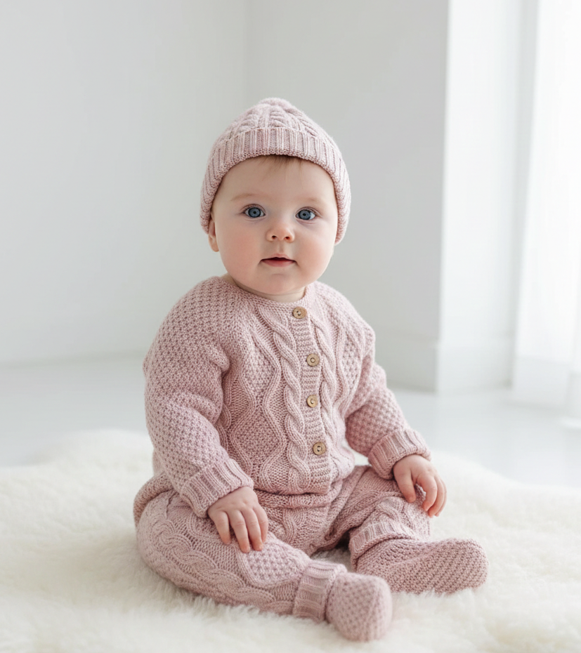 Babygrow de malha com gorro e carapins Rosa Velho