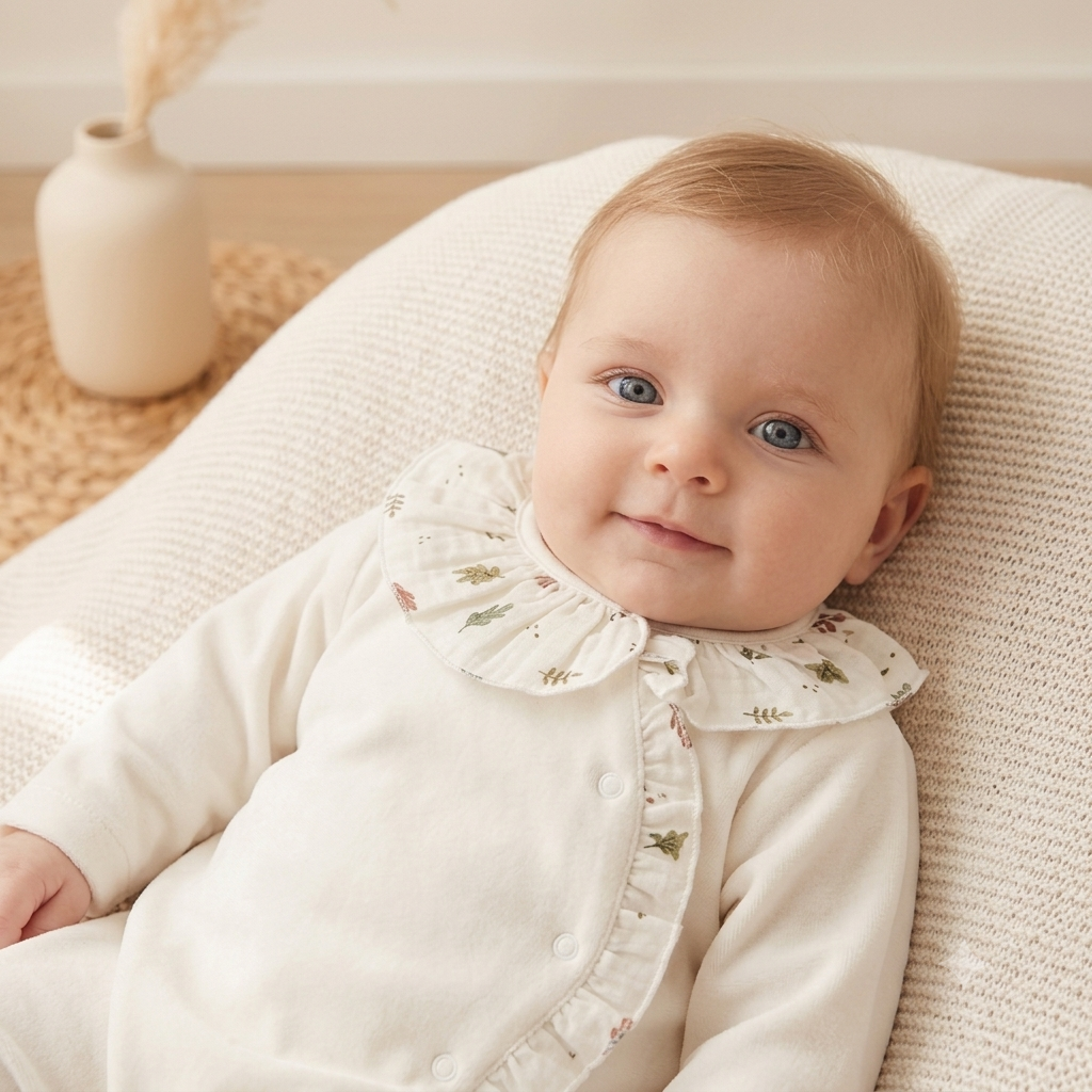 Babygrow Veludo Folho e Gola Musselina Folhinhas Pérola