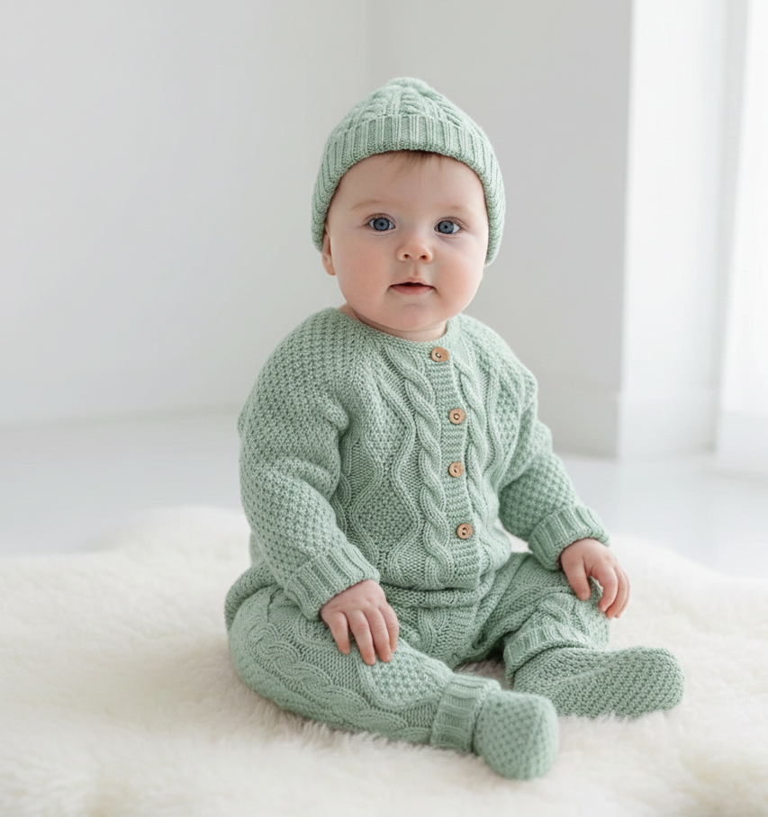 Babygrow de malha com gorro e carapins Verde