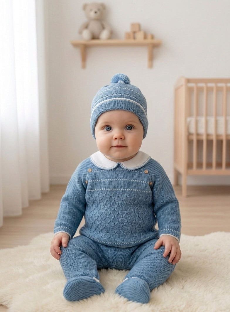 Conjunto de Malha Básico com Gorro Botões Losangos Jeans