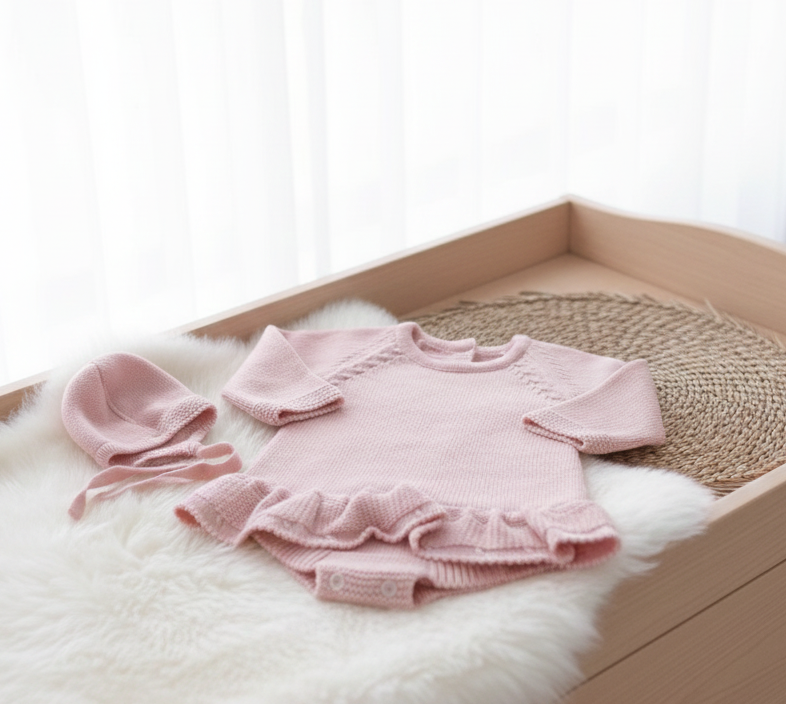 Fofo de Malha Folhos com Touca Rosa Velho