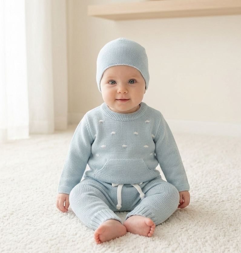 Conjunto de Malha Algodão Calças, Camisola com Bolsos e Gorro Azul