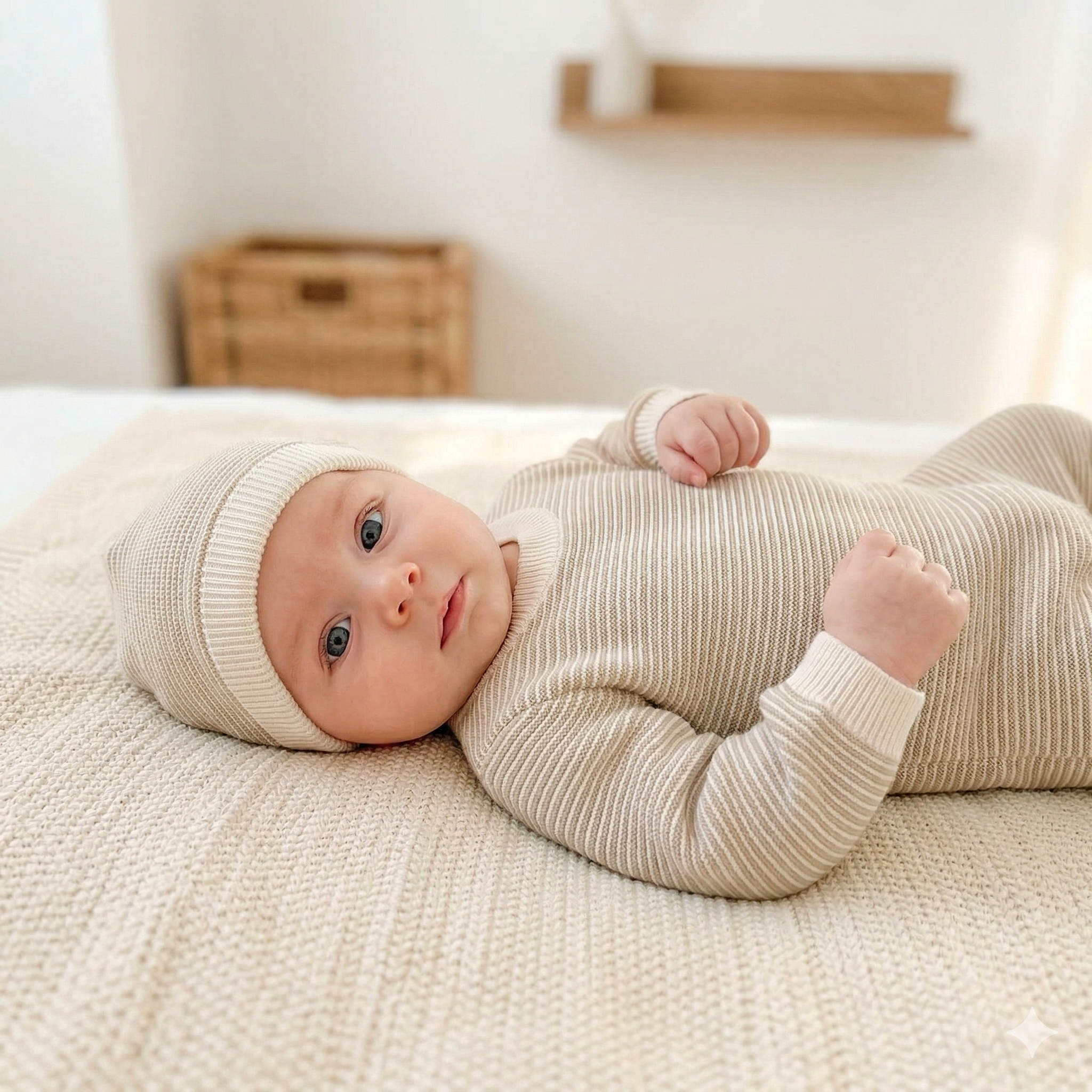 Babygrow de Malha Algodão com Gorro Riscas Areia