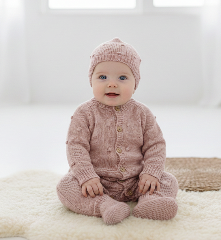 Babygrow de malha pompons com gorro e carapins Rosa Velho