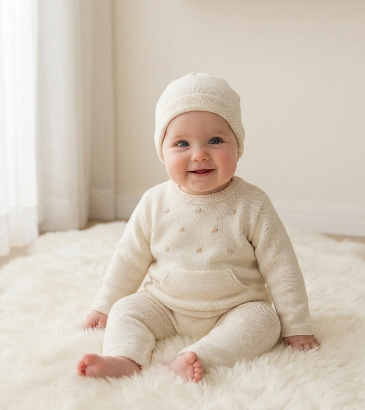 Conjunto de Malha Algodão Calças, Camisola com Bolsos e Gorro Pérola
