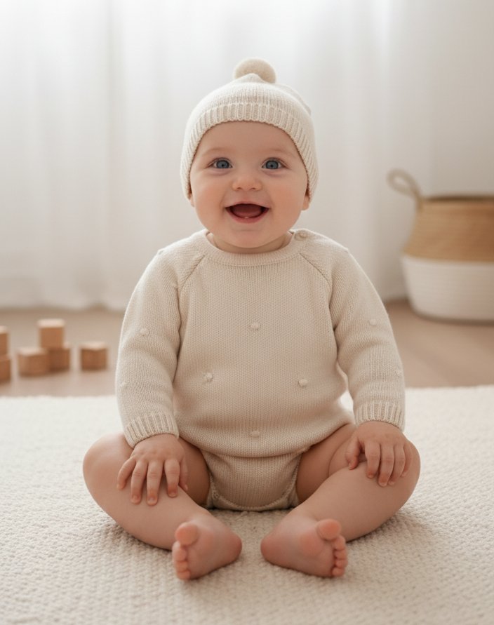 Fofo de Malha Pompons com Gorro Areia