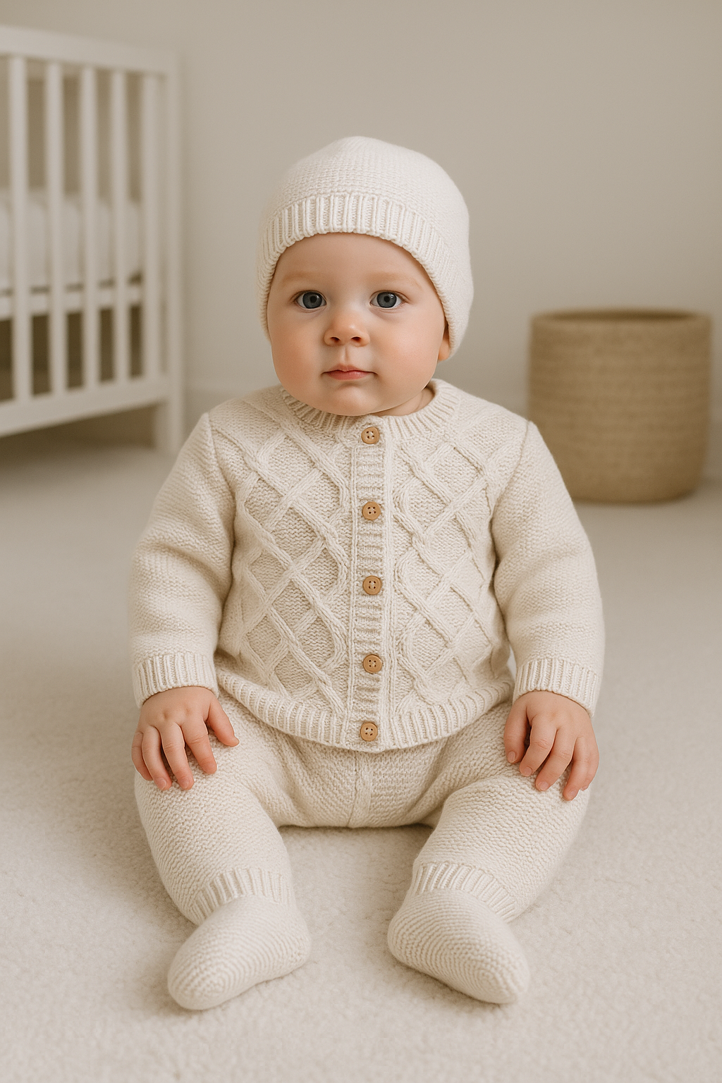 Conjunto de Malha Casaco Losangos com Gorro Areia