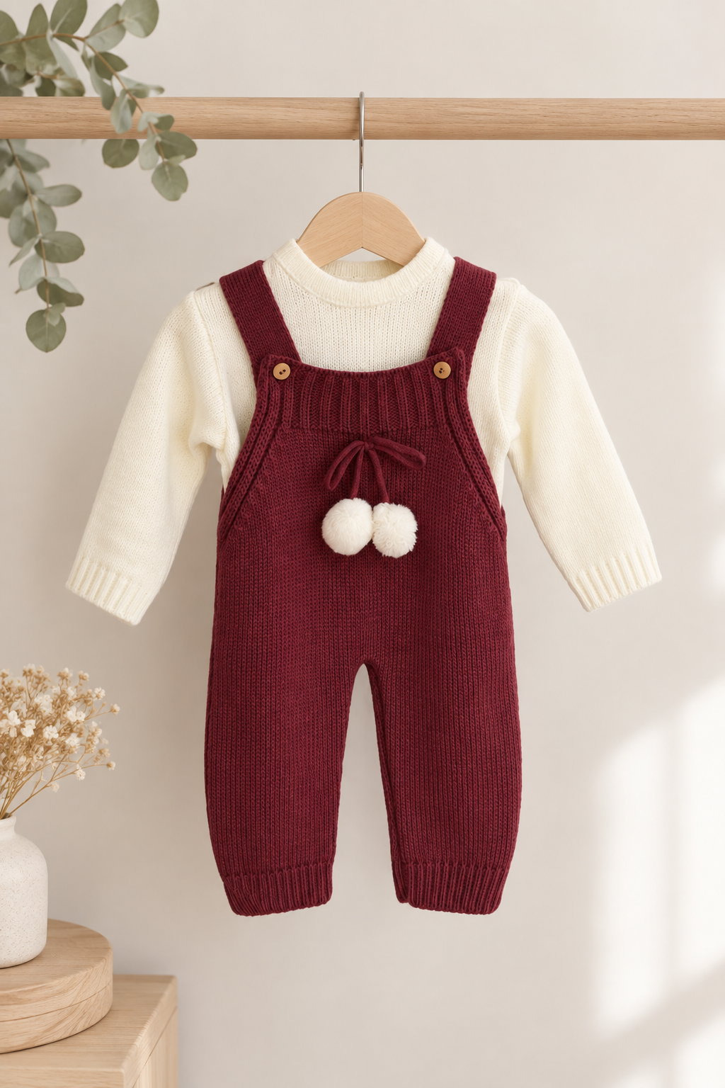 Jardineira de Malha com Camisola Pompons Beringela