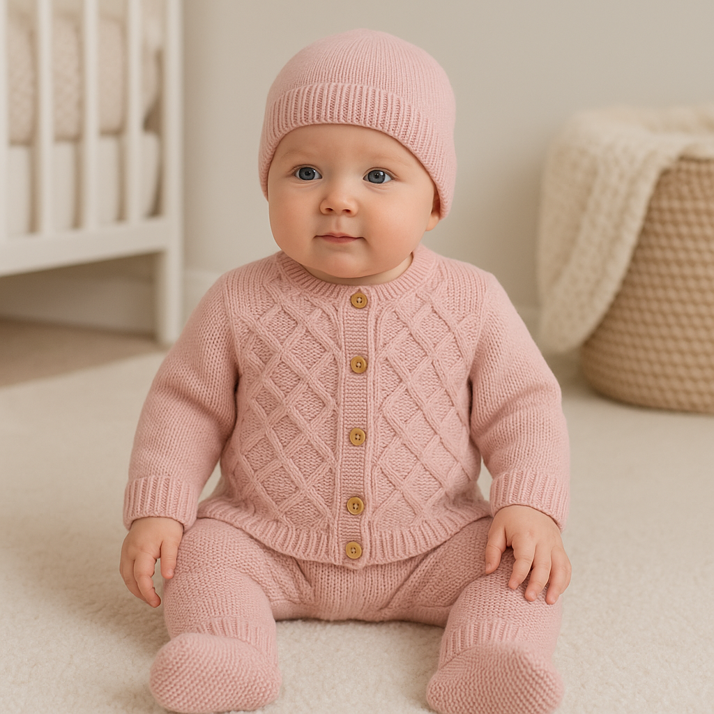 Conjunto de Malha Casaco Losangos com Gorro Rosa Velho
