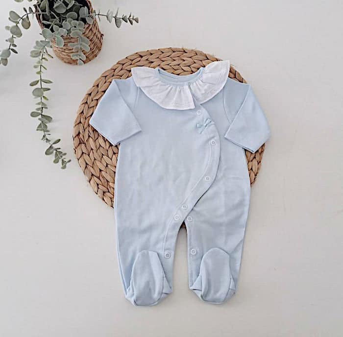 Babygrow Algodão Basic Lacinho gola de Folho Azul