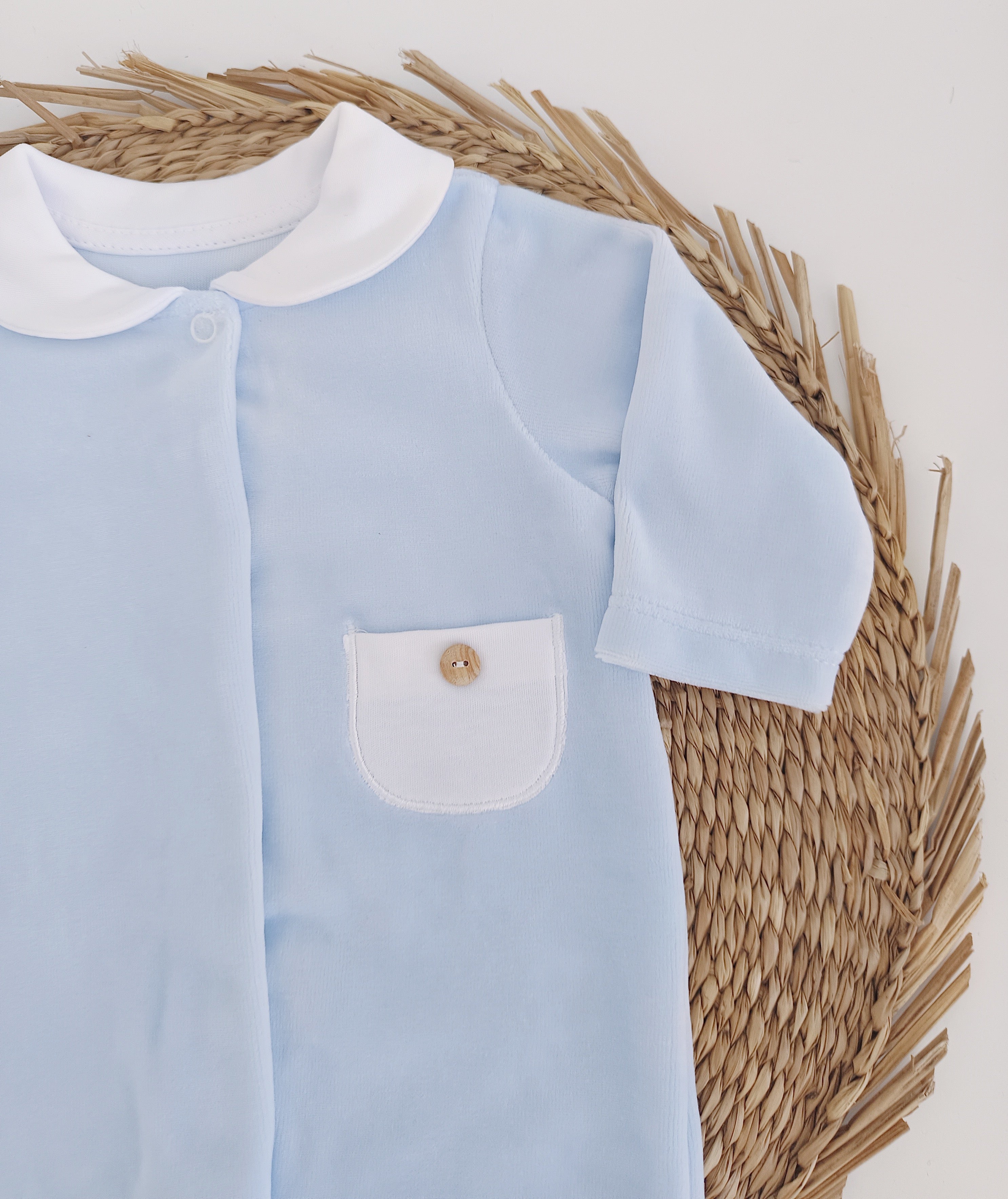 Babygrow Veludo Gola redonda com Bolso Azul