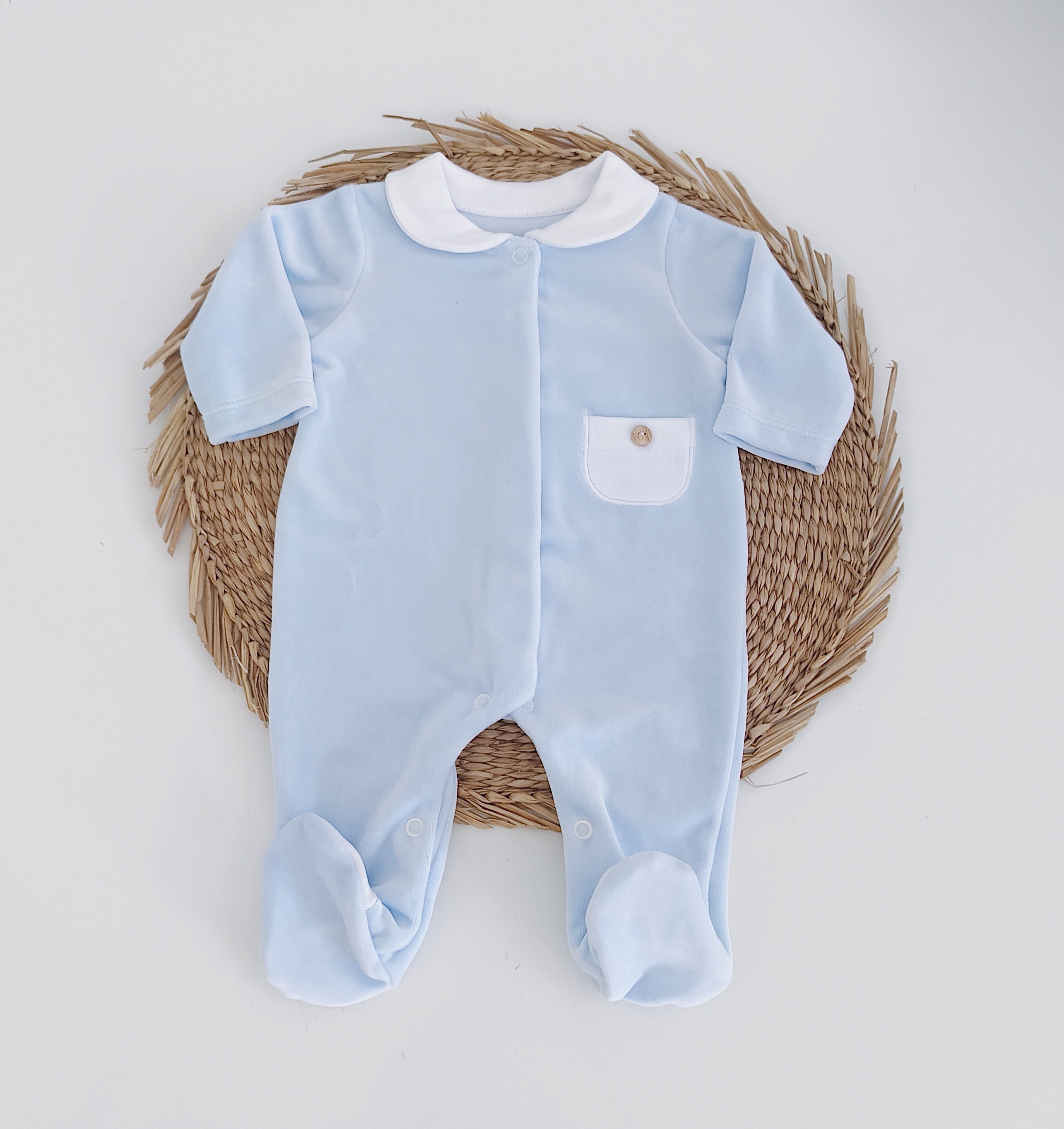 Babygrow Veludo Gola redonda com Bolso Azul