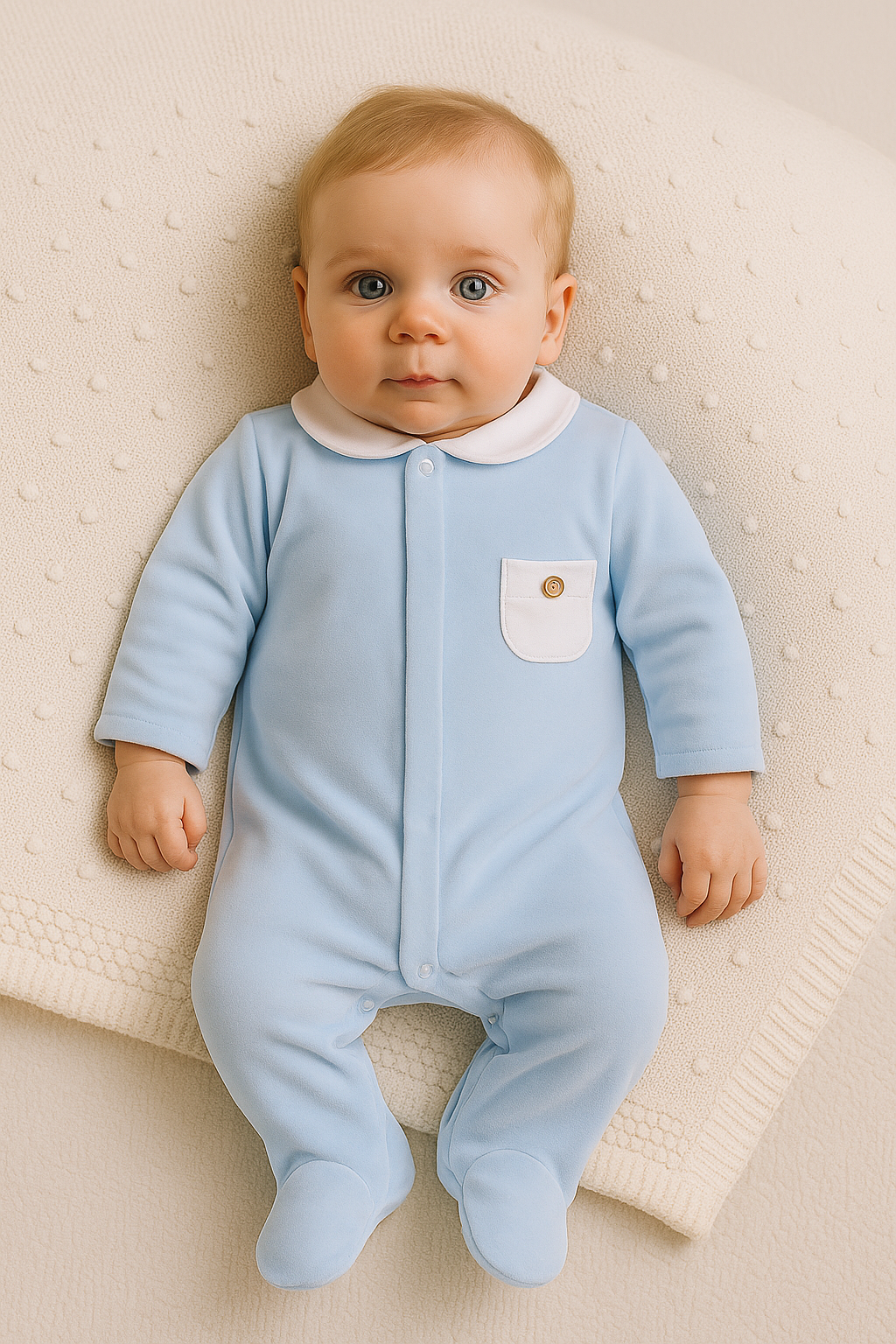 Babygrow Veludo Gola redonda com Bolso Azul