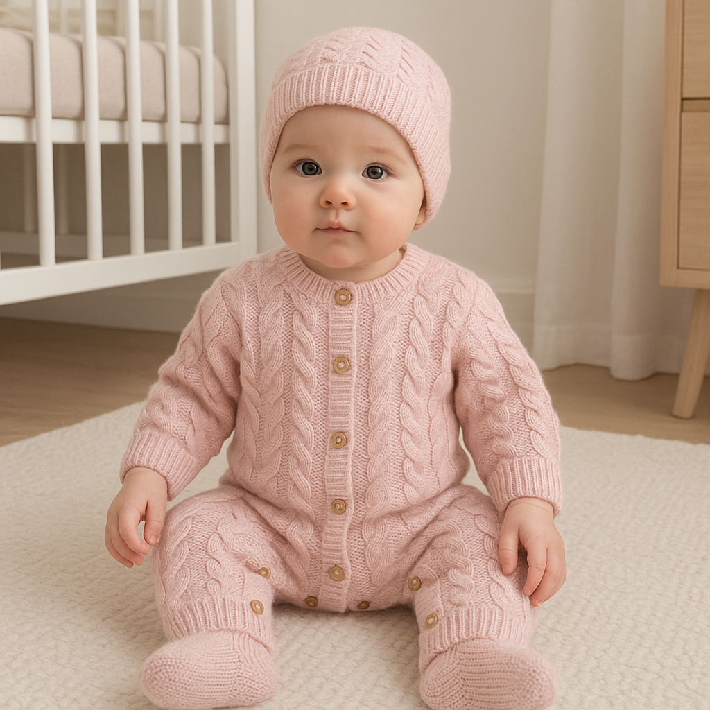 Babygrow de malha com gorro e carapins Rosa Velho